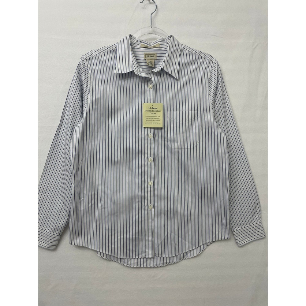 NWT L.L. Bean Button Down Size Medium Blue White Striped Wrinkle Resistant